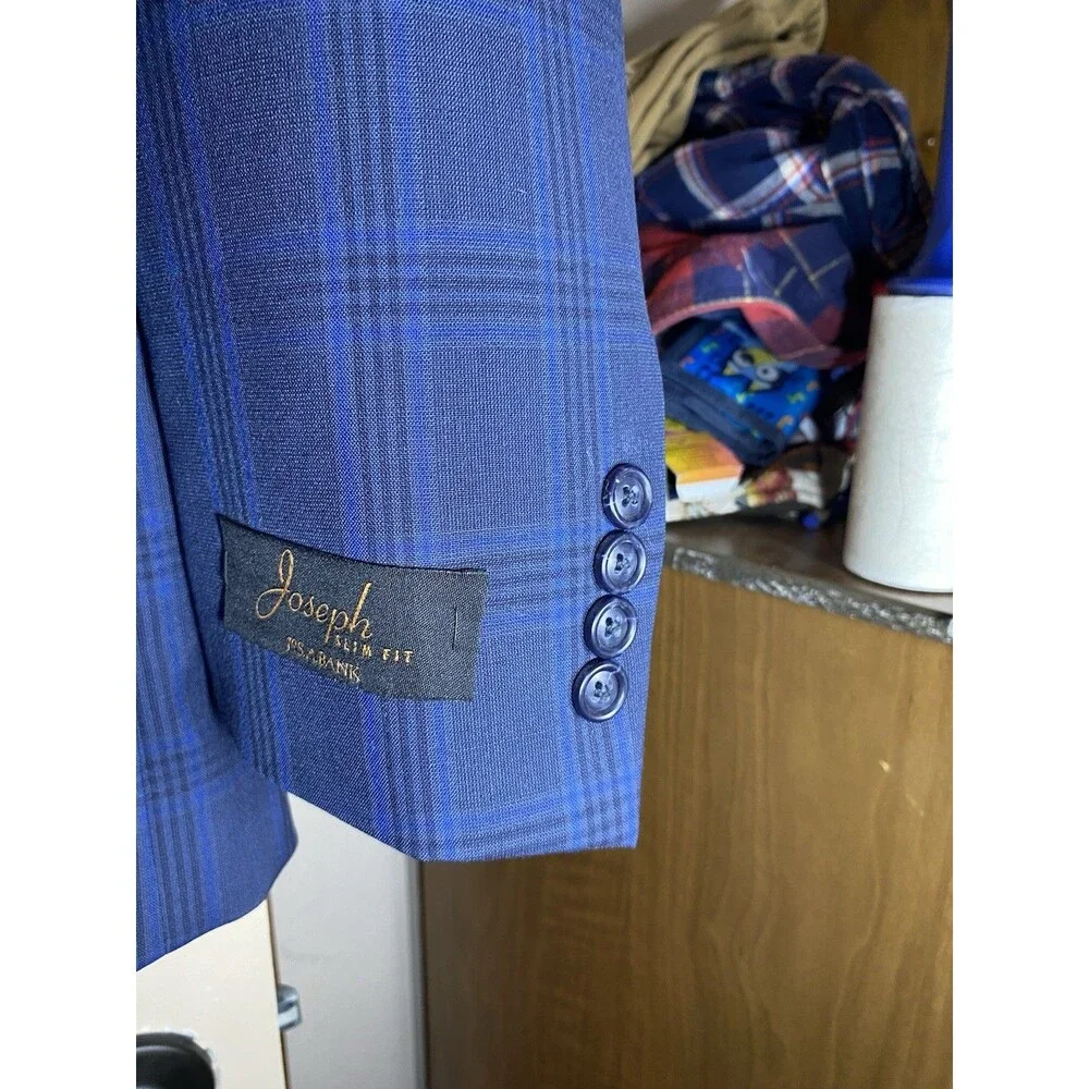 Jos A Bank Joseph Slim Fit Suit Jacket 41R Navy Blue Plaid 100 Wool Metropolitan